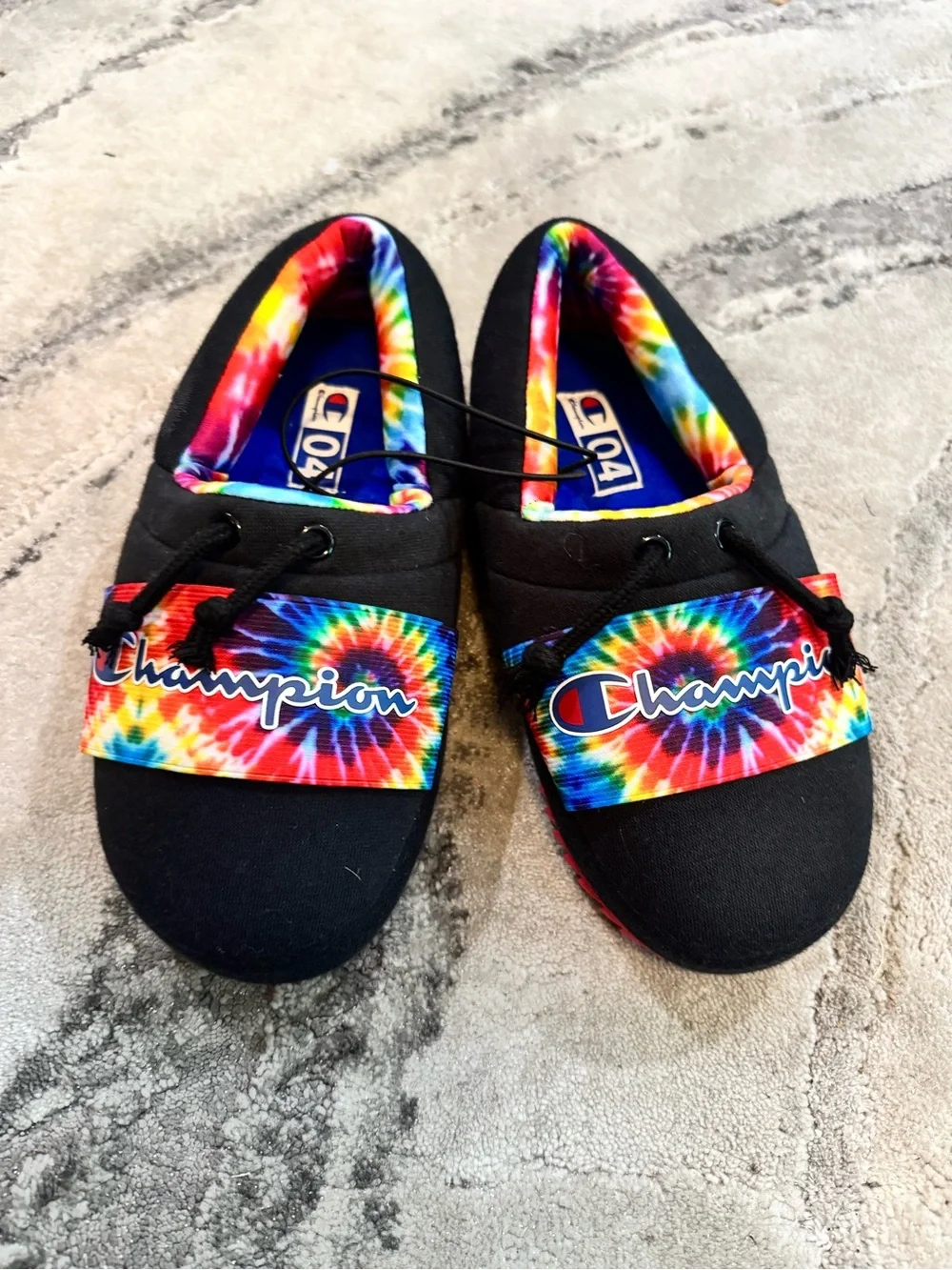 Champion Kids Black Slip-On Shoes with Rainbow Tie-Dye Accents